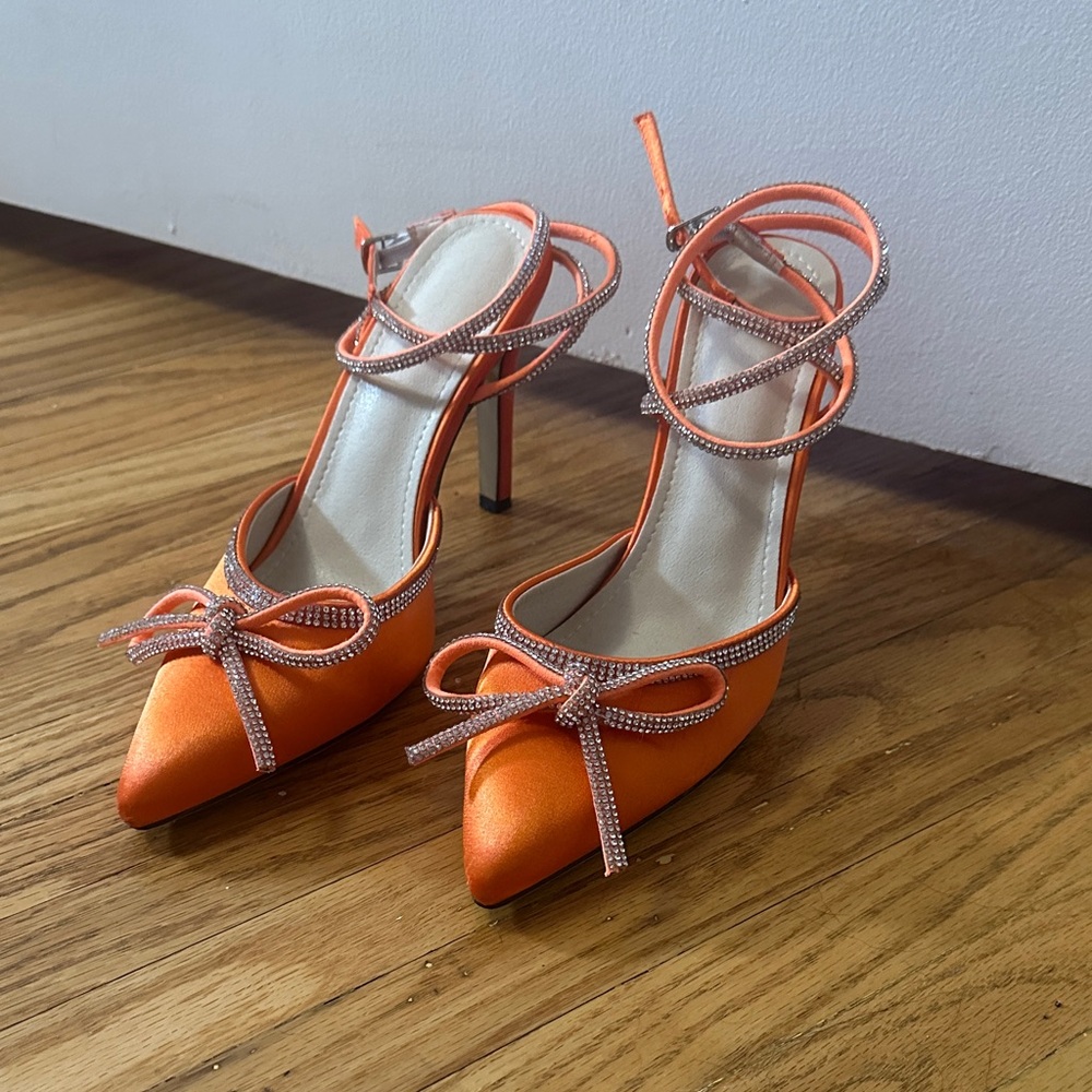 Orange Satin Rhinestone Bow Heels